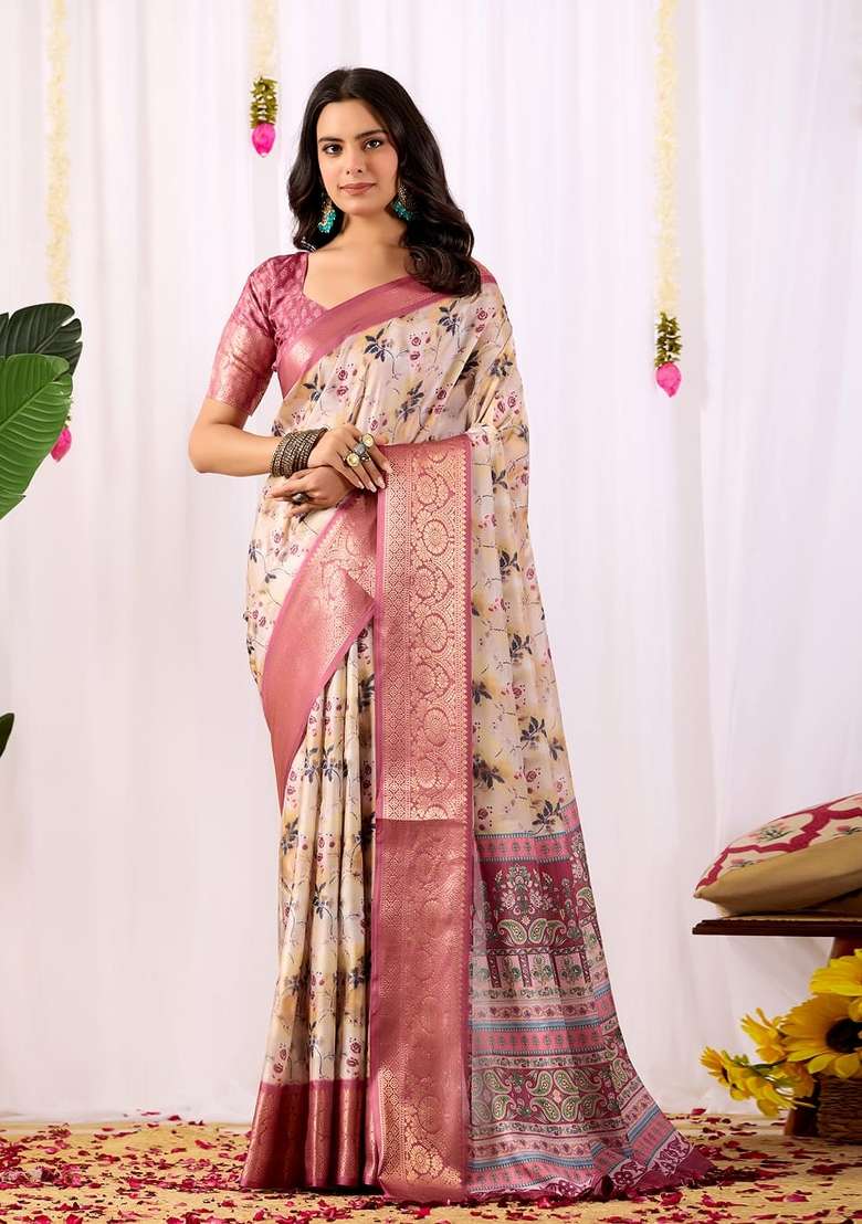 Cream Printed Soft Lichi Silk Blend Saree Set for Diwali and Festive Wear - Indya