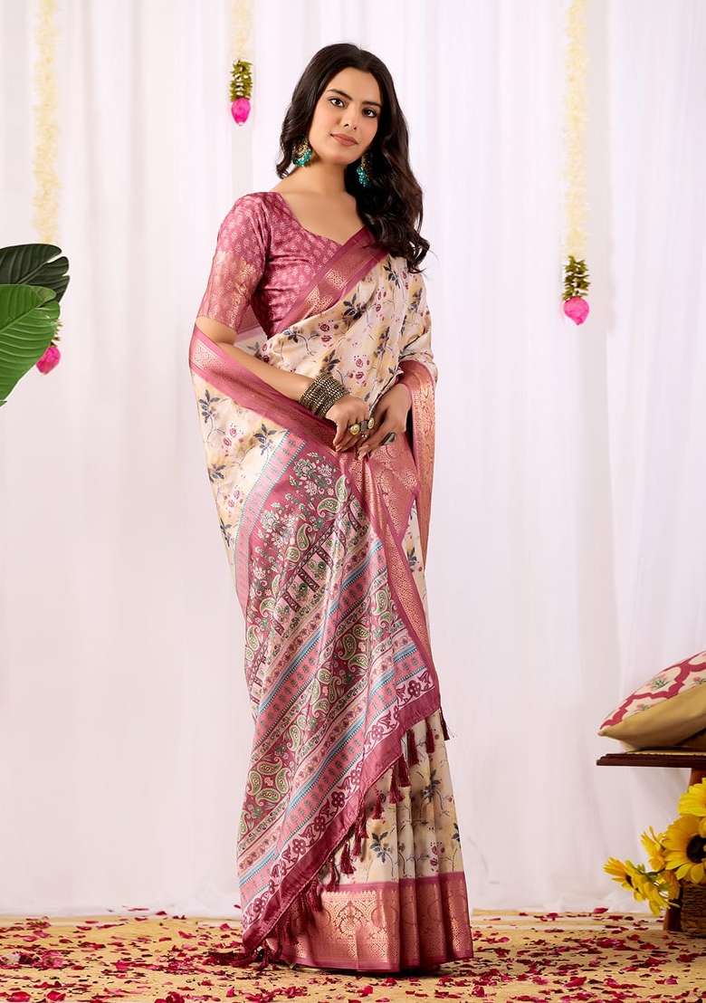 Cream Printed Soft Lichi Silk Blend Saree Set for Diwali and Festive Wear - Indya