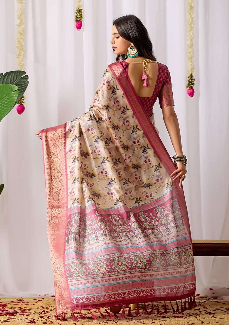 Cream Printed Soft Lichi Silk Blend Saree Set for Diwali and Festive Wear - Indya