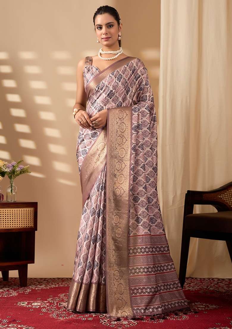 Multicolor Printed Soft Lichi Silk Blend Saree Set for Diwali and Festive Wear - Indya