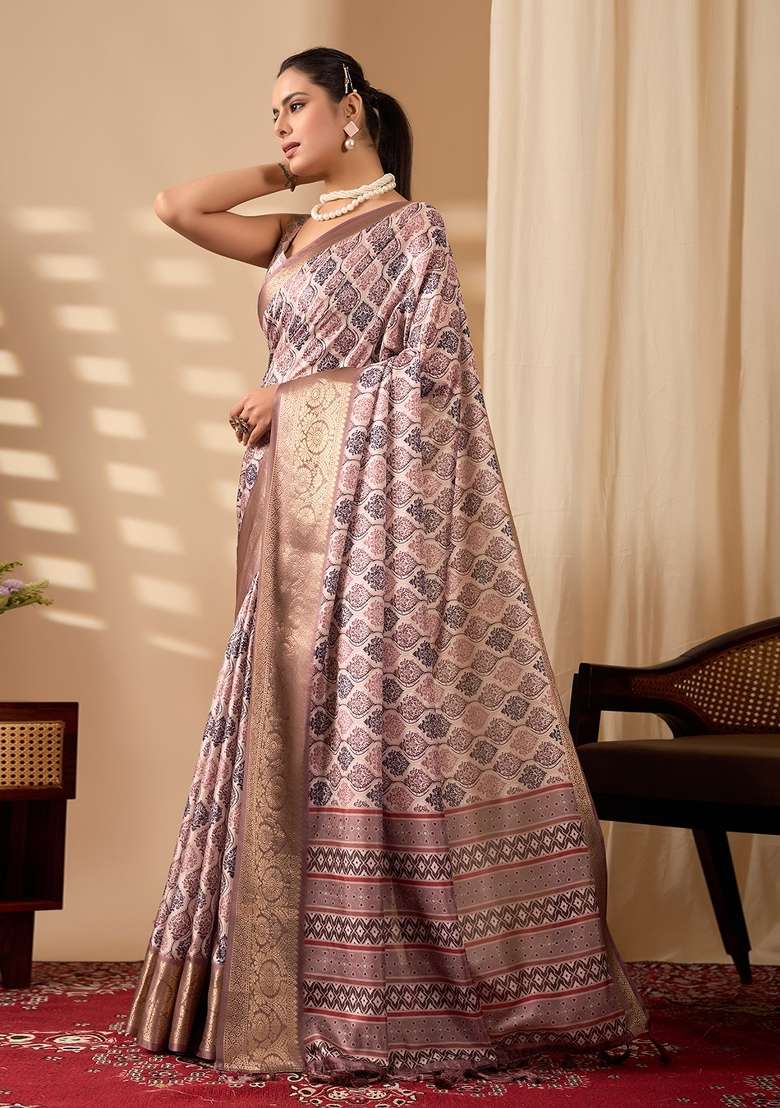 Multicolor Printed Soft Lichi Silk Blend Saree Set for Diwali and Festive Wear - Indya