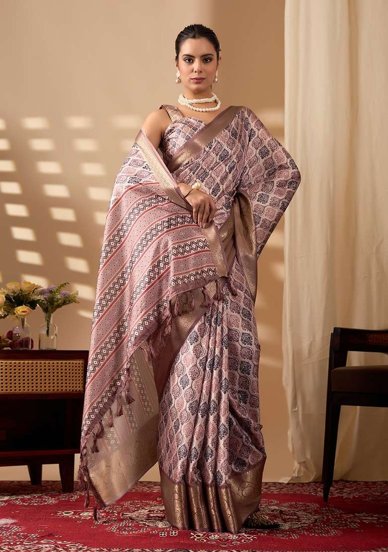 Multicolor Printed Soft Lichi Silk Blend Saree Set for Diwali and Festive Wear - Indya