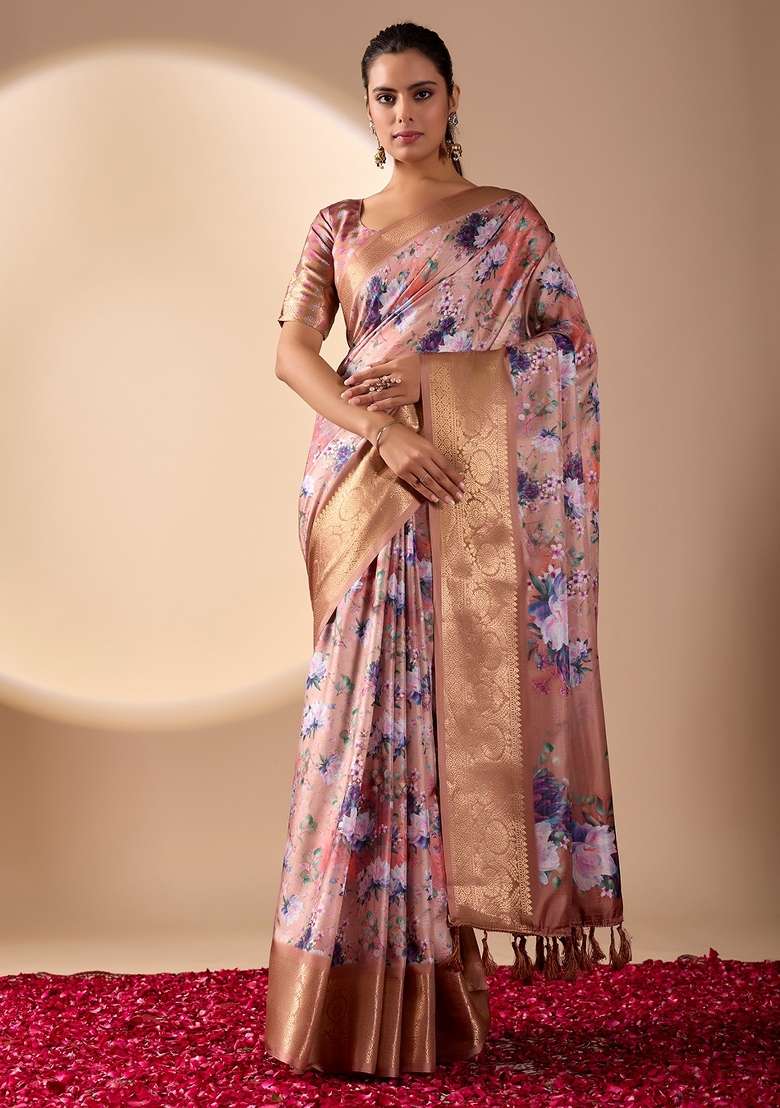 Peach Printed Soft Lichi Silk Blend Saree Set for Diwali and Festive Wear - Indya