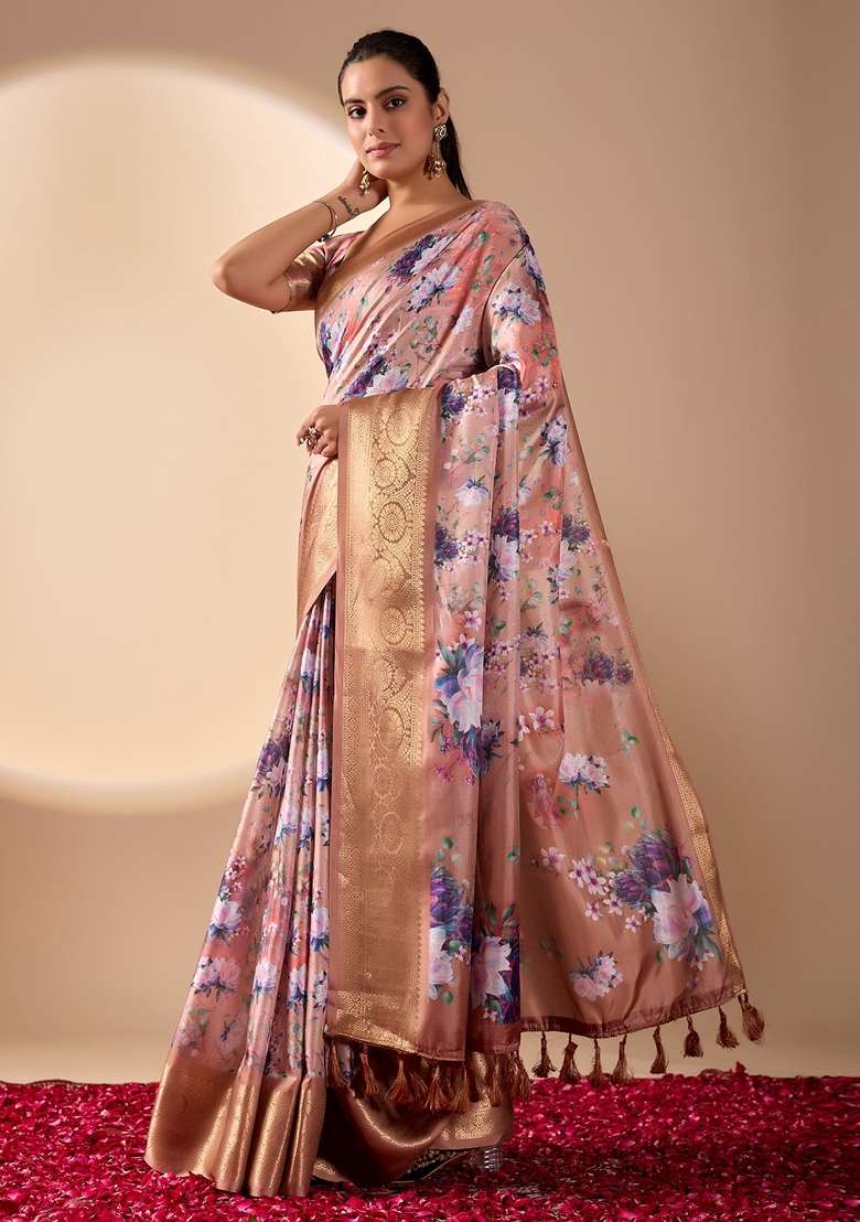 Peach Printed Soft Lichi Silk Blend Saree Set for Diwali and Festive Wear - Indya