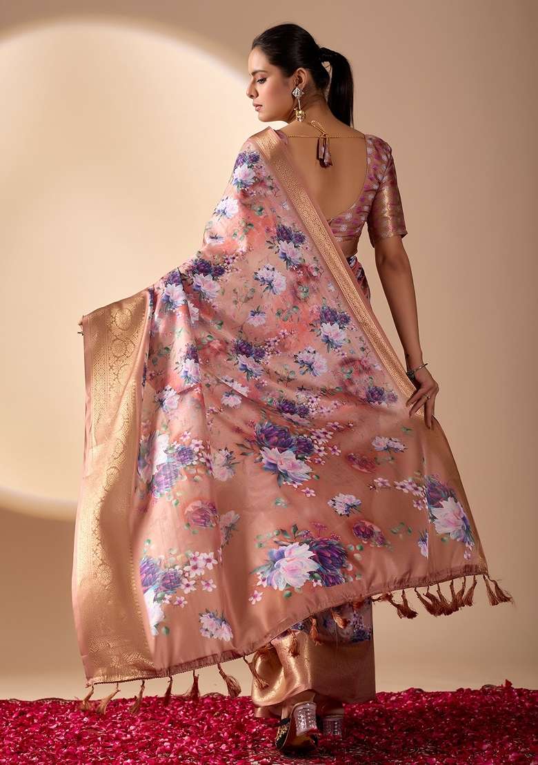 Peach Printed Soft Lichi Silk Blend Saree Set for Diwali and Festive Wear - Indya