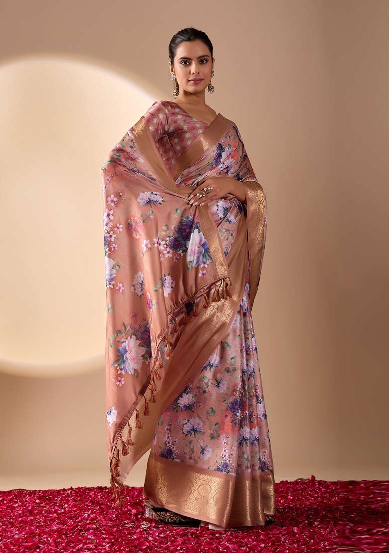 Peach Printed Soft Lichi Silk Blend Saree Set for Diwali and Festive Wear - Indya