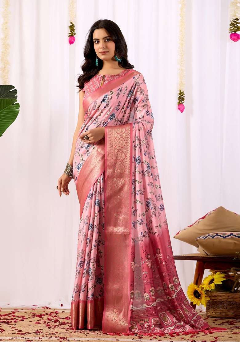 Pink Soft Lichi Silk Blend Saree Set with Printed for Diwali | Wedding & Festive Wear - Indya