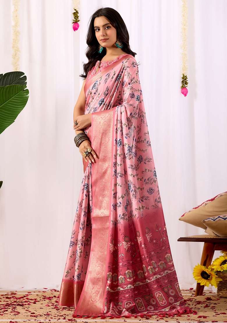 Pink Soft Lichi Silk Blend Saree Set with Printed for Diwali | Wedding & Festive Wear - Indya