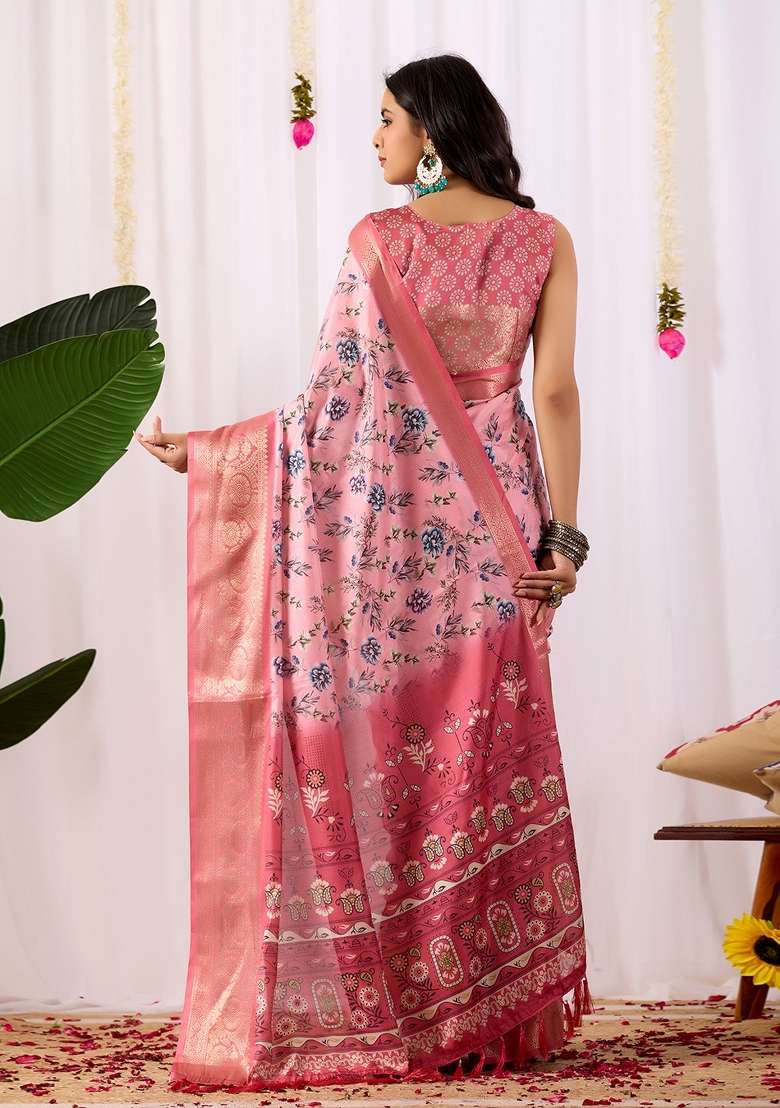 Pink Soft Lichi Silk Blend Saree Set with Printed for Diwali | Wedding & Festive Wear - Indya