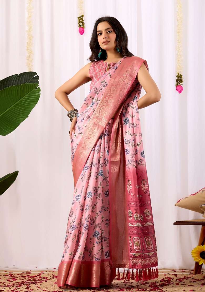 Pink Soft Lichi Silk Blend Saree Set with Printed for Diwali | Wedding & Festive Wear - Indya
