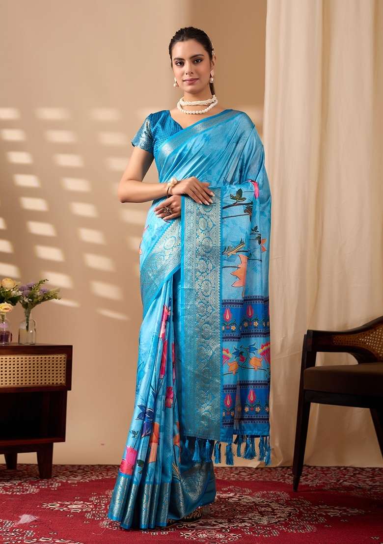 Sky Blue Soft Lichi Silk Blend Saree Set with Printed for Diwali | Wedding & Festive Wear - Indya