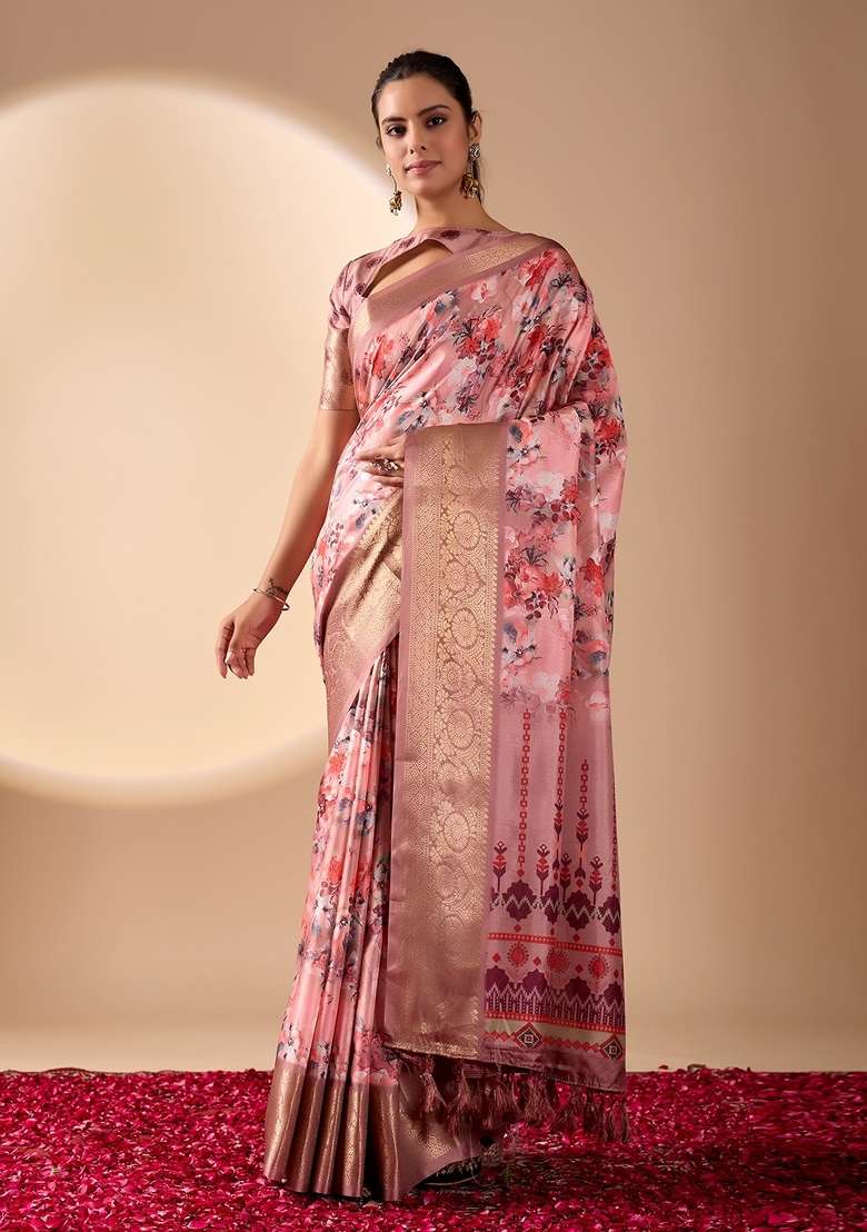 Pink Lichi Silk Blend Saree Set with Printed for Diwali | Wedding & Festive Wear - Indya