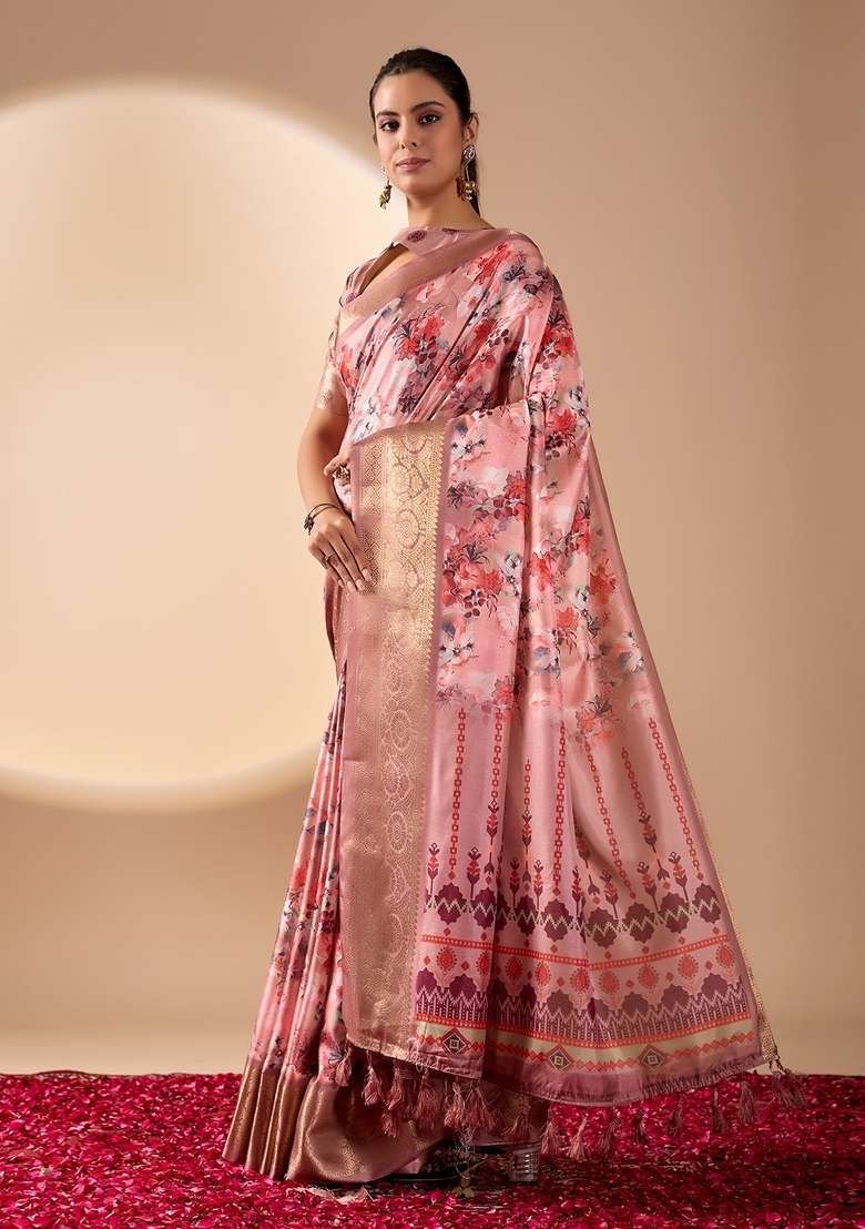 Pink Lichi Silk Blend Saree Set with Printed for Diwali | Wedding & Festive Wear - Indya
