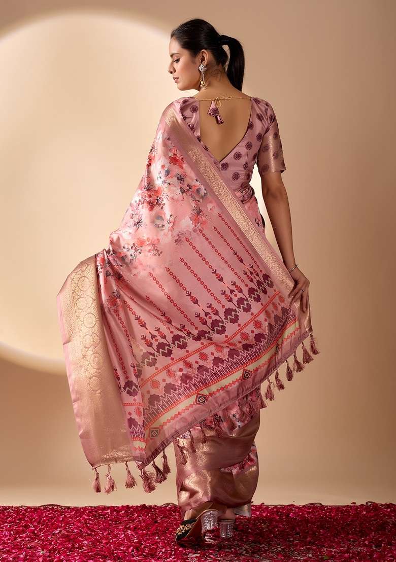 Pink Lichi Silk Blend Saree Set with Printed for Diwali | Wedding & Festive Wear - Indya