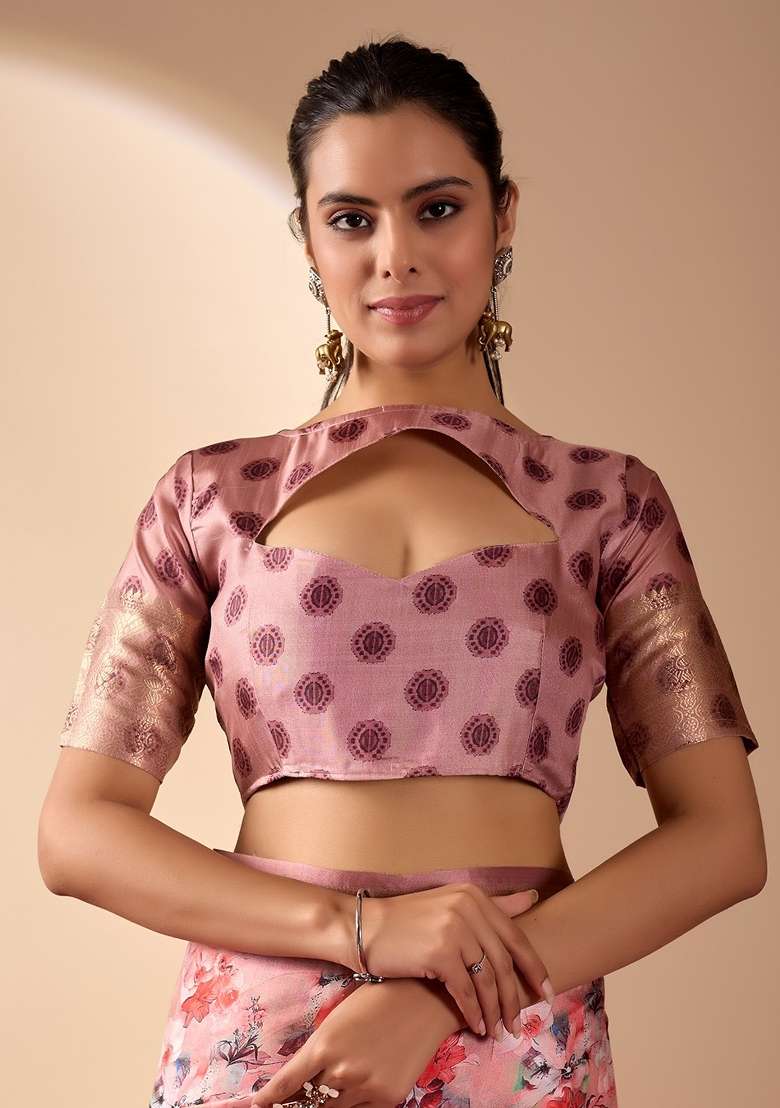 Pink Lichi Silk Blend Saree Set with Printed for Diwali | Wedding & Festive Wear - Indya