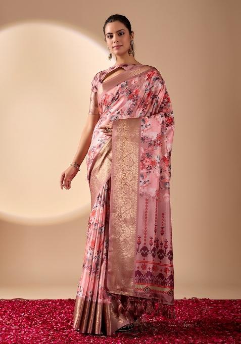 Pink Printed Lichi Silk Saree Set