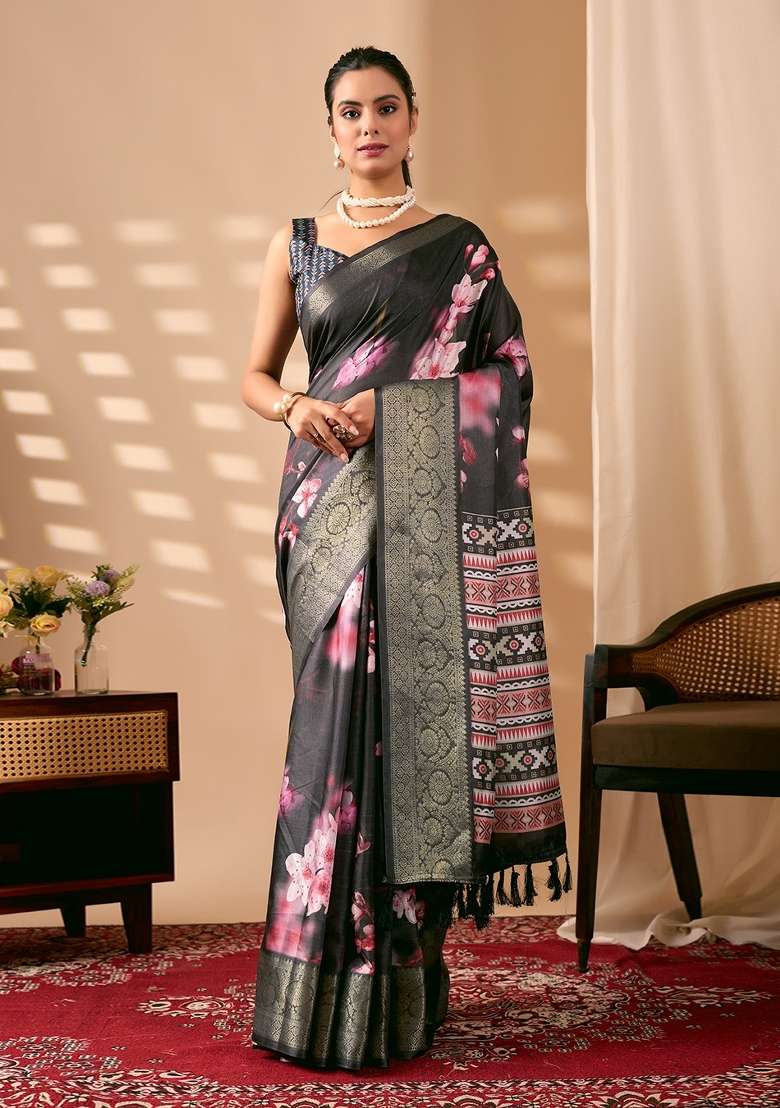 Black Lichi Silk Blend Saree Set with Printed for Diwali | Wedding & Festive Wear - Indya
