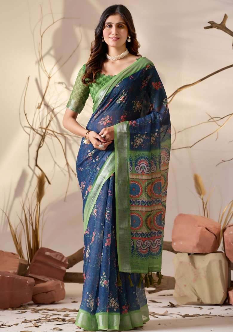 Blue Printed Linen Cotton Saree Set for Diwali and Festive Wear - Indya
