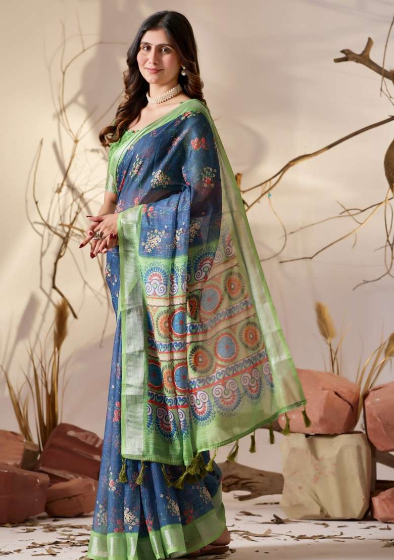 Blue Printed Linen Cotton Saree Set for Diwali and Festive Wear - Indya