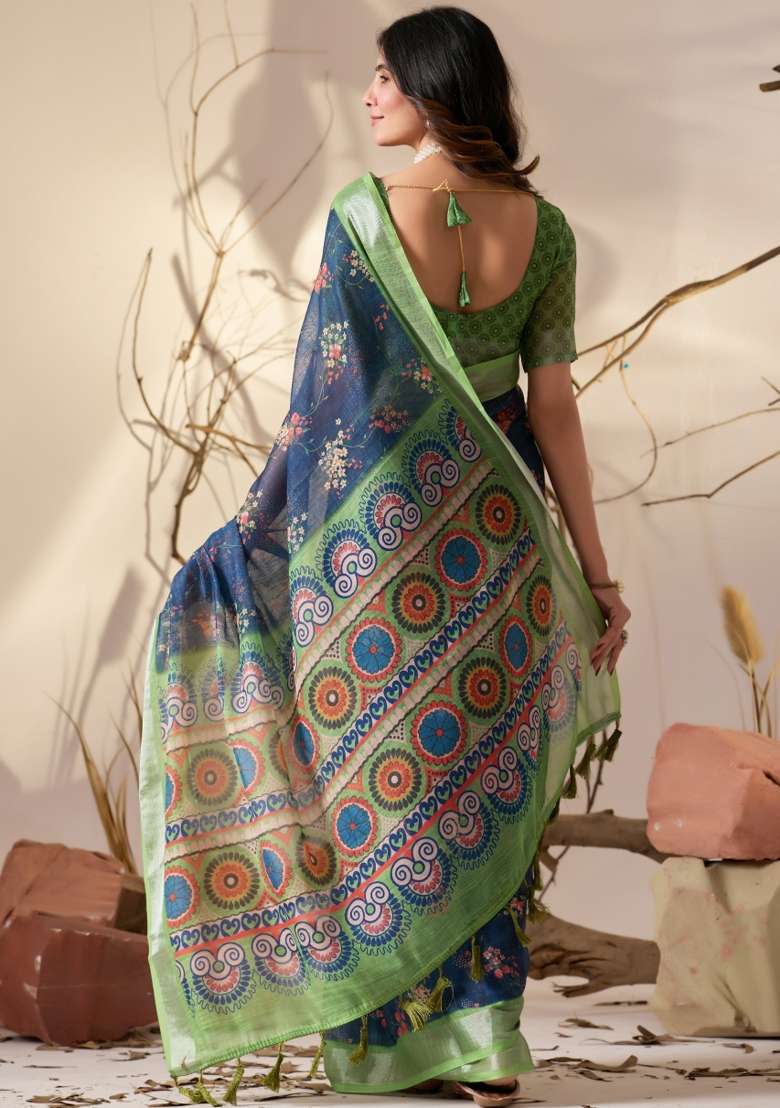 Blue Printed Linen Cotton Saree Set for Diwali and Festive Wear - Indya