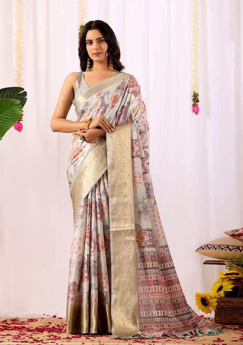 Off White Lichi Silk Blend Saree Set with Printed for Diwali | Wedding & Festive Wear - Indya