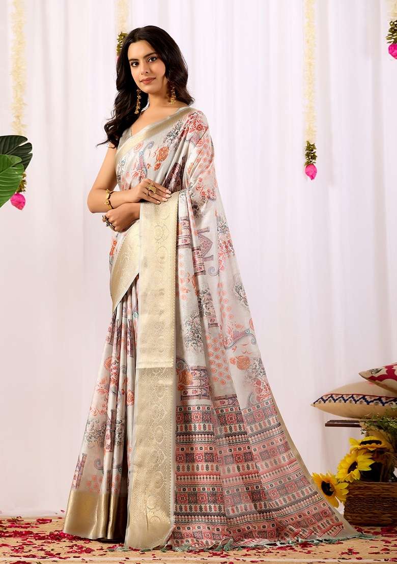 Off White Lichi Silk Blend Saree Set with Printed for Diwali | Wedding & Festive Wear - Indya