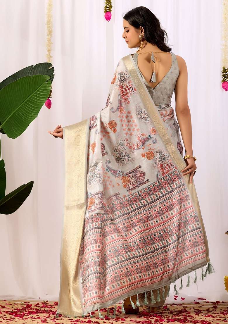 Off White Lichi Silk Blend Saree Set with Printed for Diwali | Wedding & Festive Wear - Indya