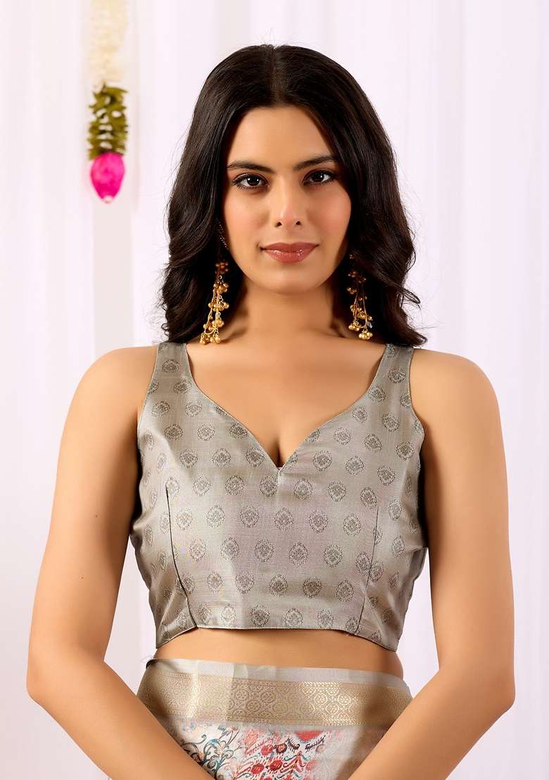 Off White Lichi Silk Blend Saree Set with Printed for Diwali | Wedding & Festive Wear - Indya