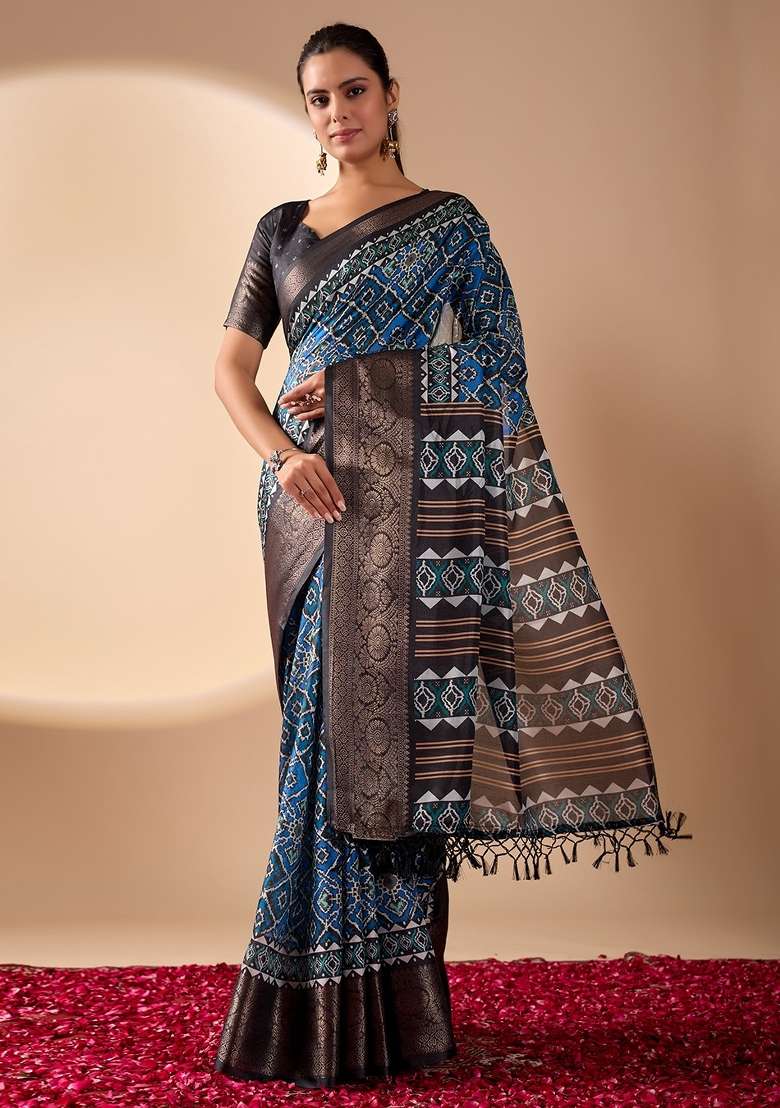 Blue Printed Lichi Silk Blend Saree Set for Diwali and Festive Wear - Indya
