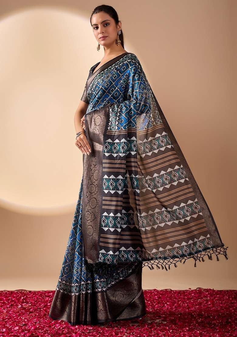 Blue Printed Lichi Silk Blend Saree Set for Diwali and Festive Wear - Indya