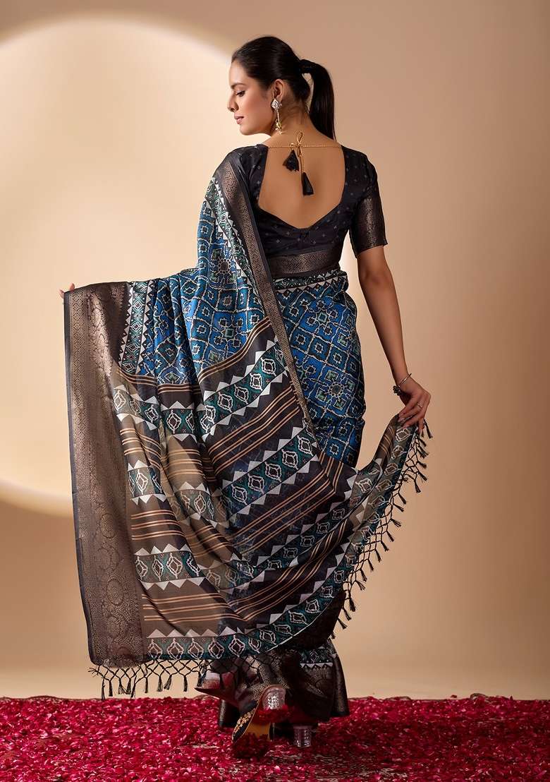 Blue Printed Lichi Silk Blend Saree Set for Diwali and Festive Wear - Indya