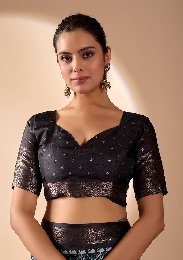 Blue Printed Lichi Silk Blend Saree Set for Diwali and Festive Wear - Indya