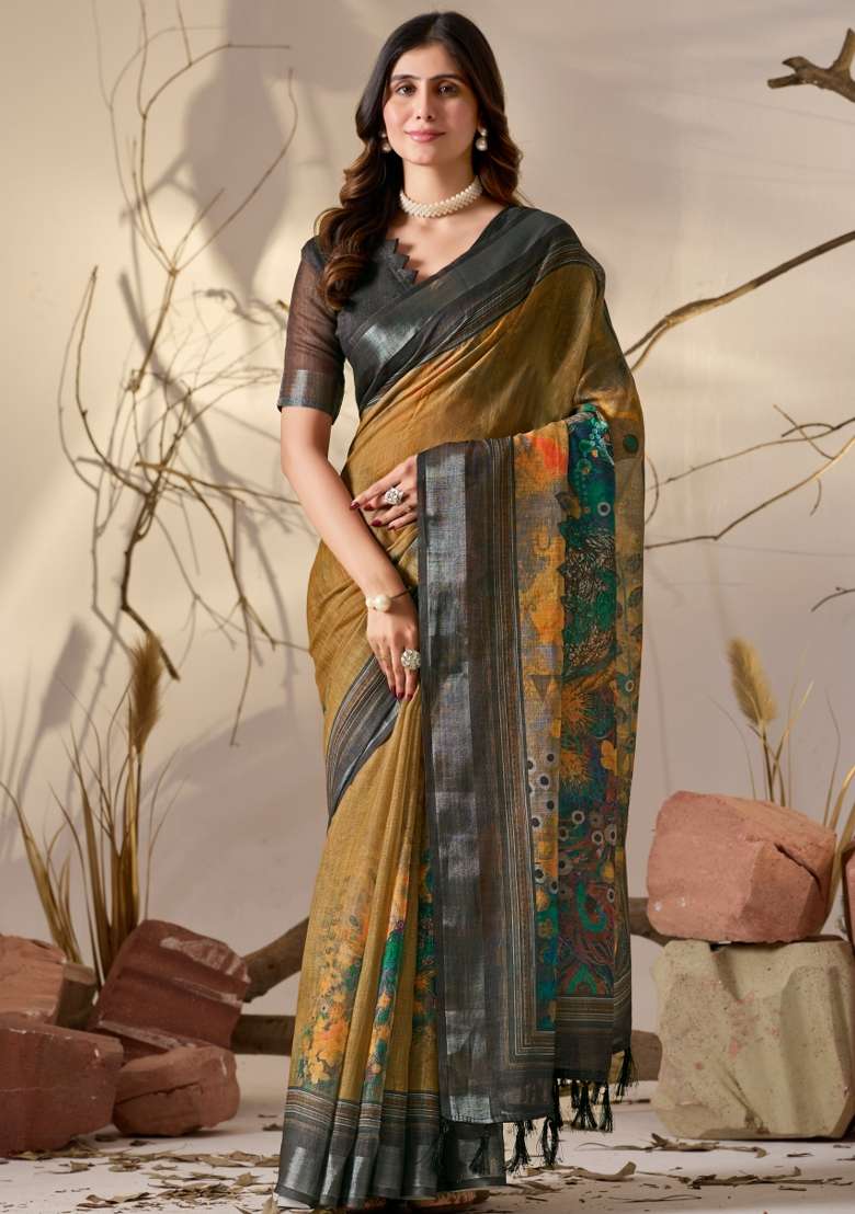 Mustard Printed Linen Cotton Saree Set for Diwali and Festive Wear - Indya