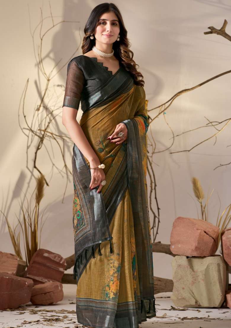 Mustard Printed Linen Cotton Saree Set for Diwali and Festive Wear - Indya