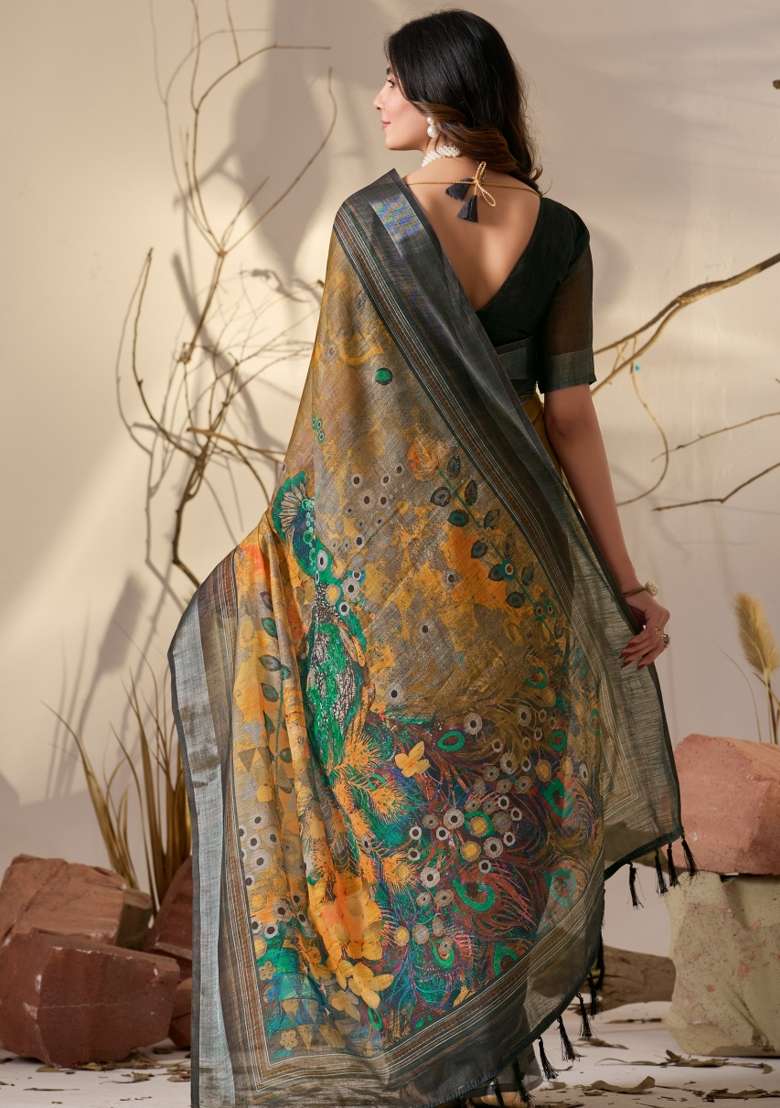 Mustard Printed Linen Cotton Saree Set for Diwali and Festive Wear - Indya
