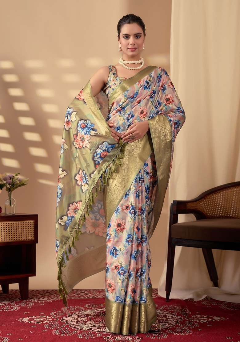 Beige Printed Lichi Silk Blend Saree Set for Diwali and Festive Wear - Indya