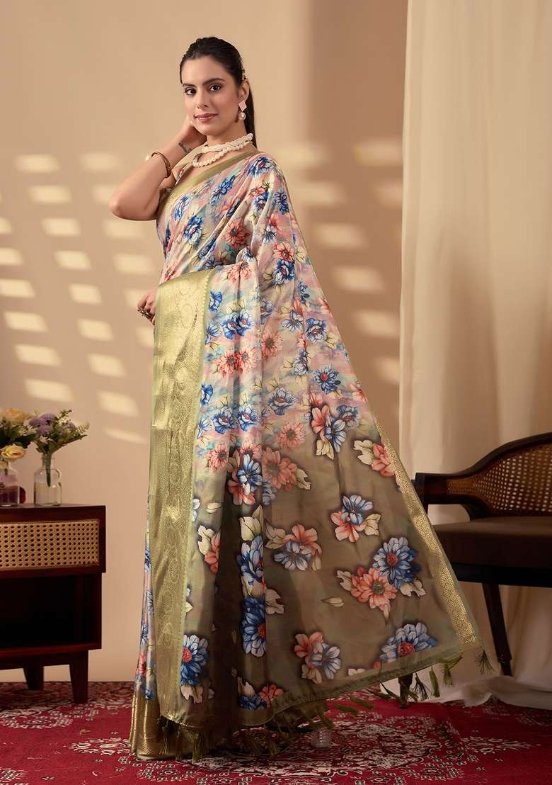Beige Printed Lichi Silk Blend Saree Set for Diwali and Festive Wear - Indya