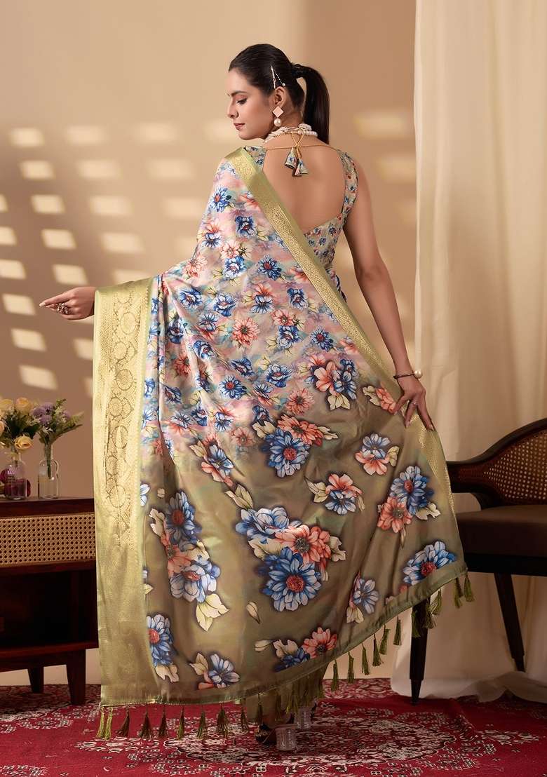 Beige Printed Lichi Silk Blend Saree Set for Diwali and Festive Wear - Indya