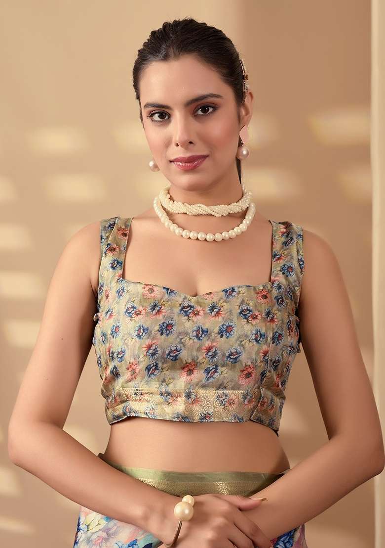 Beige Printed Lichi Silk Blend Saree Set for Diwali and Festive Wear - Indya