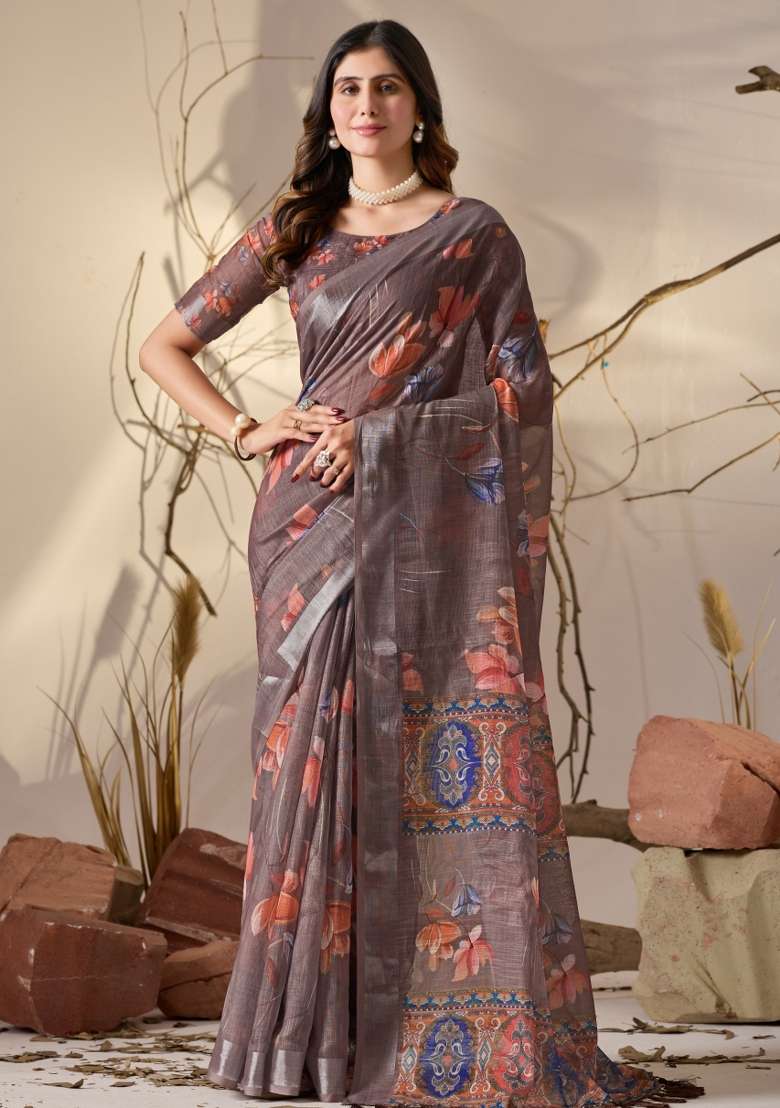Brown Printed Linen Cotton Saree Set for Diwali and Festive Wear - Indya