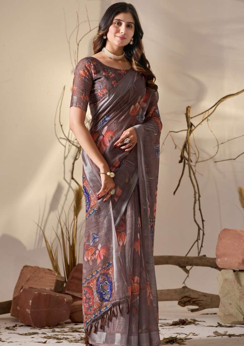 Brown Printed Linen Cotton Saree Set for Diwali and Festive Wear - Indya