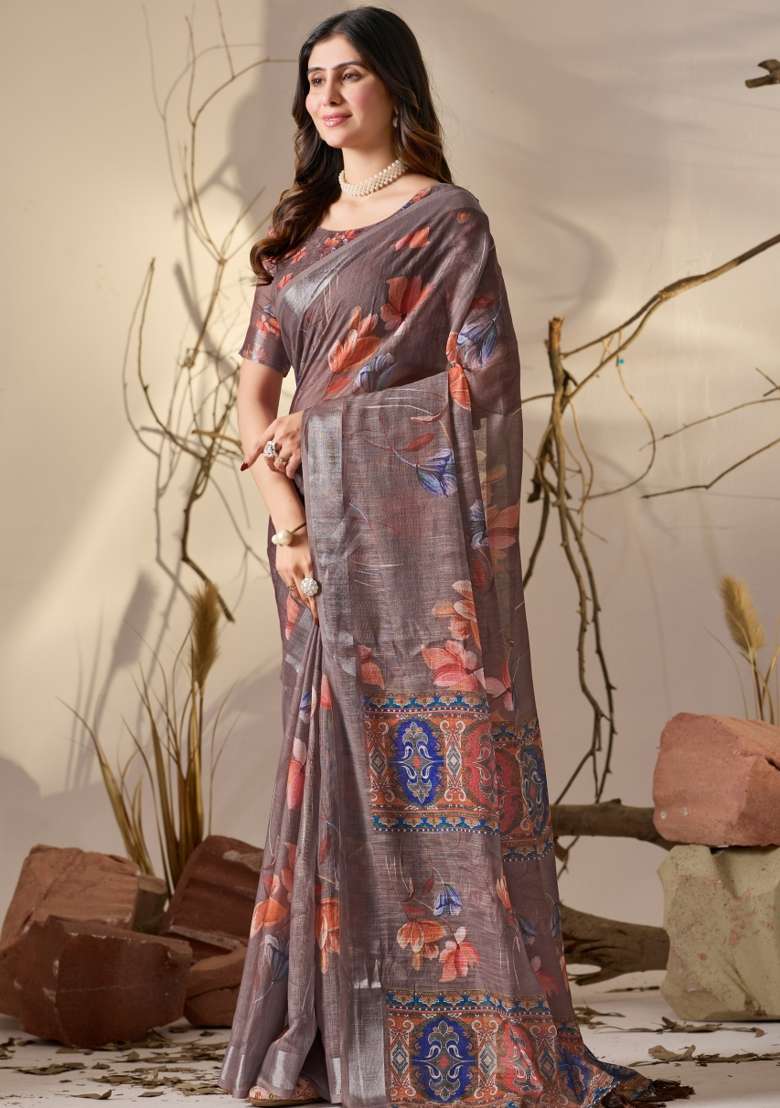 Brown Printed Linen Cotton Saree Set for Diwali and Festive Wear - Indya