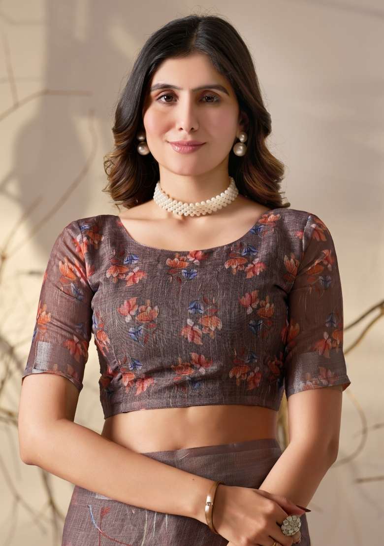 Brown Printed Linen Cotton Saree Set for Diwali and Festive Wear - Indya