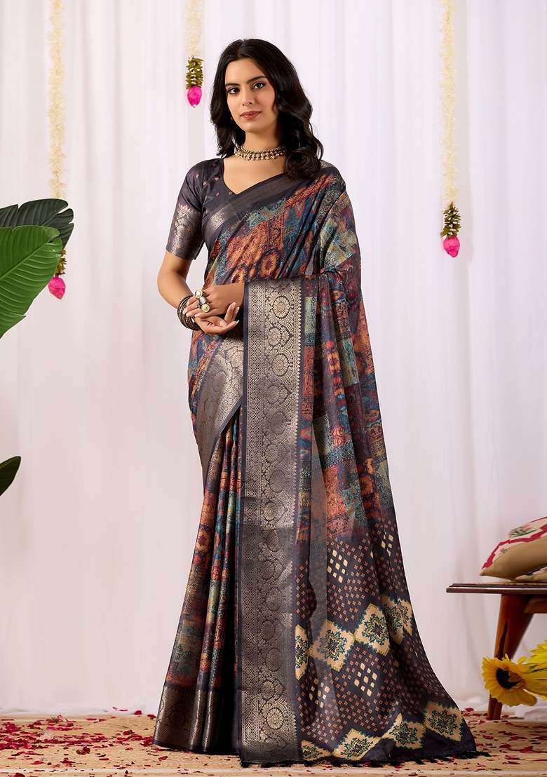 Multicolor Printed Lichi Silk Blend Saree Set for Diwali and Festive Wear - Indya