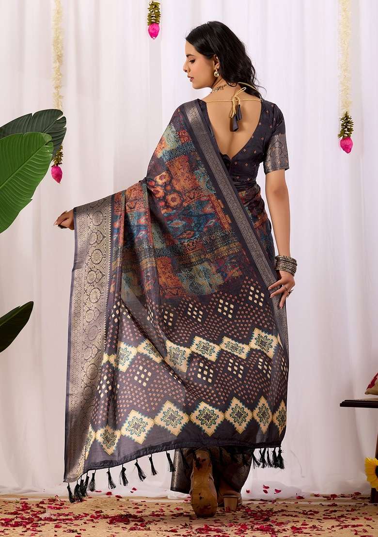 Multicolor Printed Lichi Silk Blend Saree Set for Diwali and Festive Wear - Indya