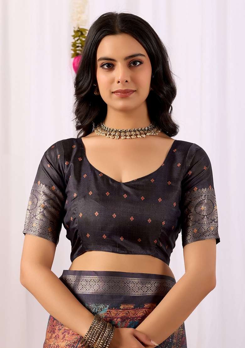 Multicolor Printed Lichi Silk Blend Saree Set for Diwali and Festive Wear - Indya