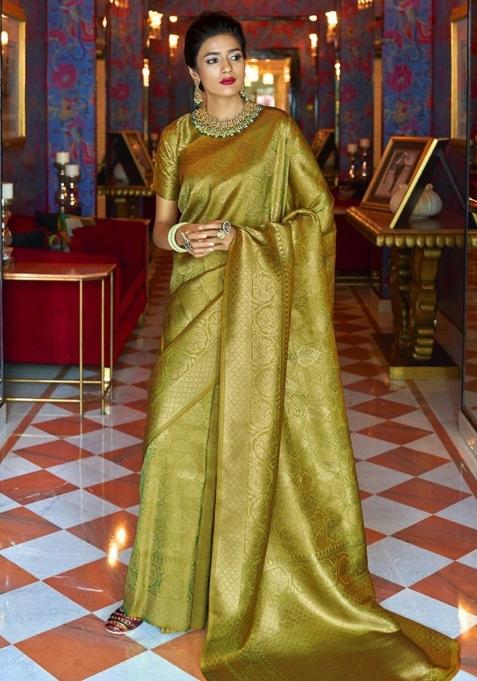 Green Printed Lichi Silk Saree Set