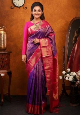 Purple Printed Lichi Silk Saree Set