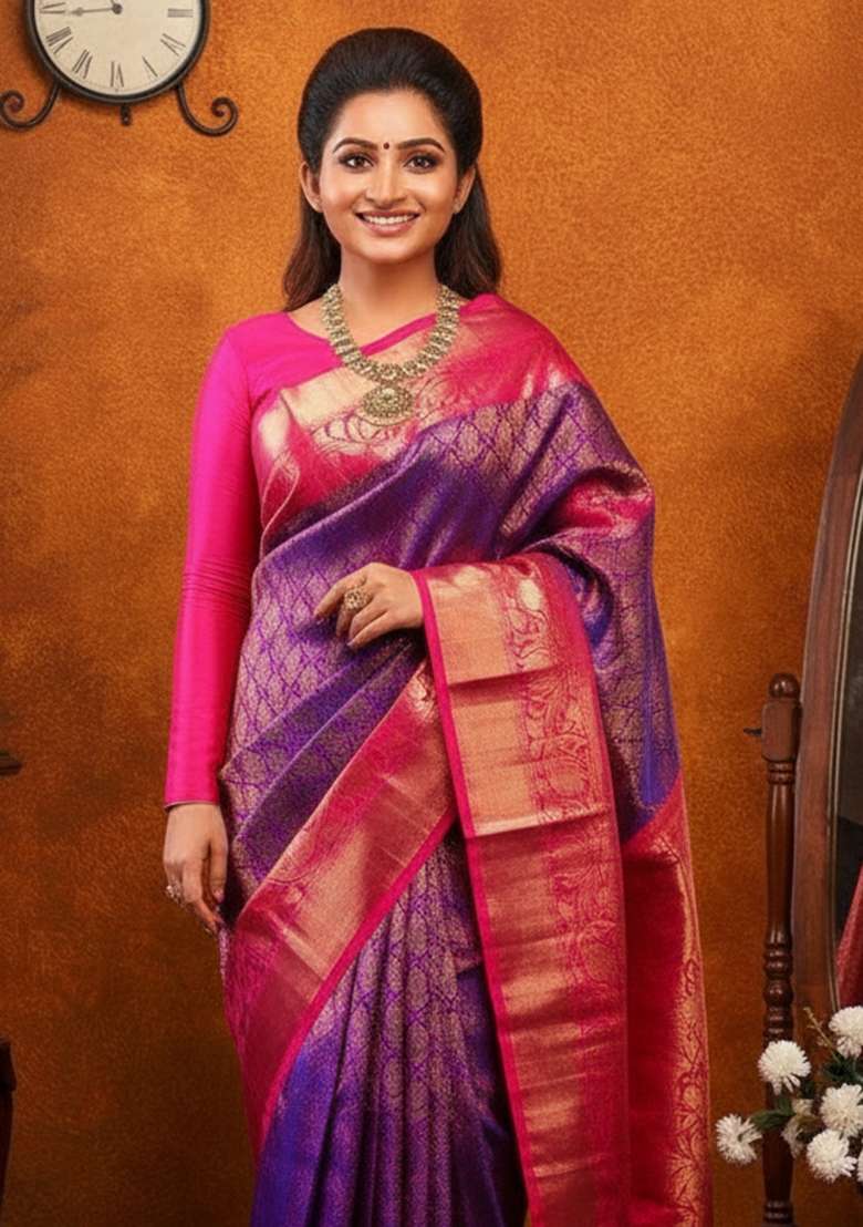 Purple Lichi Silk Blend Saree Set with Printed for Diwali | Wedding & Festive Wear - Indya