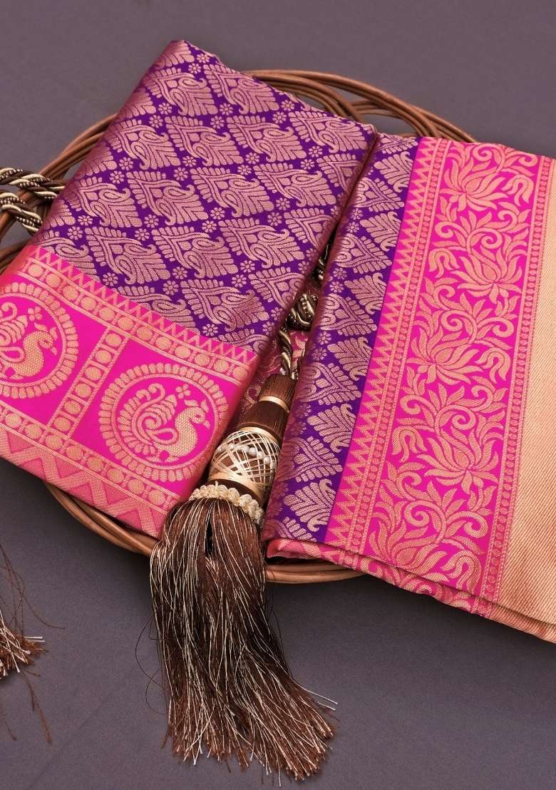 Purple Lichi Silk Blend Saree Set with Printed for Diwali | Wedding & Festive Wear - Indya
